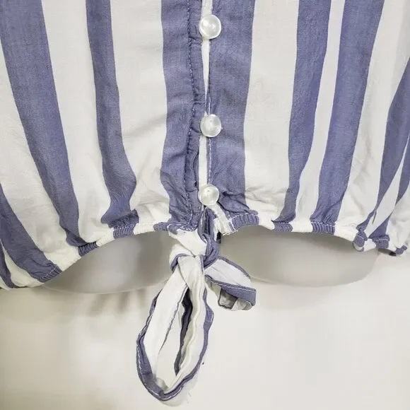 Olive + Oak Womens Blouse Size XL Blue White Striped Button Up Tie Elastic Waist - Picture 4 of 10